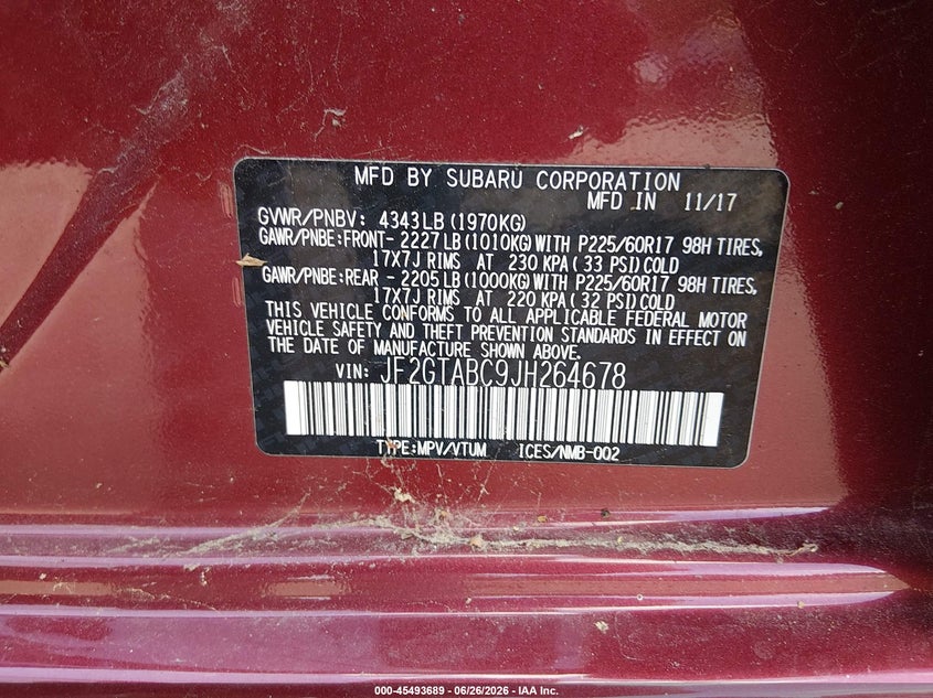 SUBARU CROSSTREK 2018 VIN JF2GTABC9JH264678