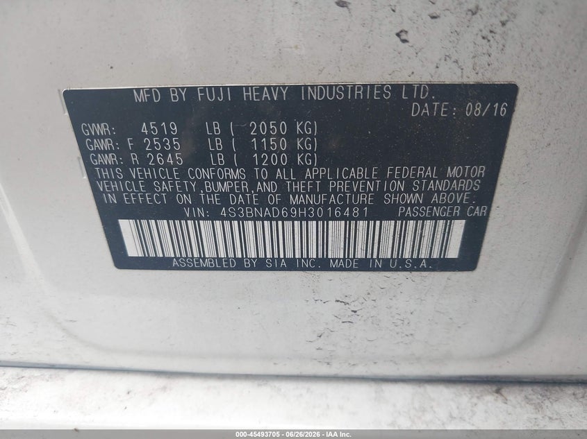 2017 SUBARU LEGACY SEDAN 2.5L H-4 DOHC, VVT, 175HP