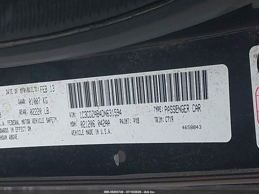 2013 Dodge Avenger Se VIN: 1C3CDZAB4DN631594 Lot: 45493740