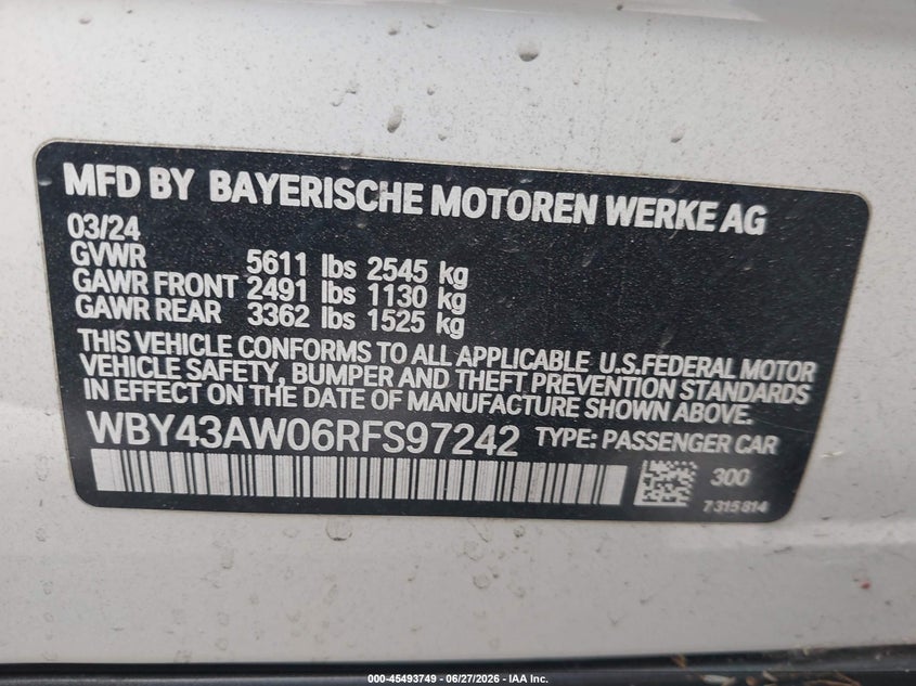 2024 BMW I4 Gran Coupe Edrive35 VIN: WBY43AW06RFS97242 Lot: 45493749