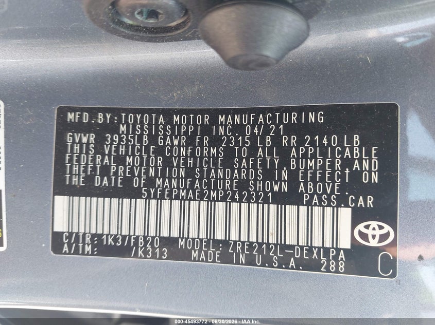 2021 TOYOTA COROLLA SEDAN 1.8L I-4 DOHC, VVT, 139HP