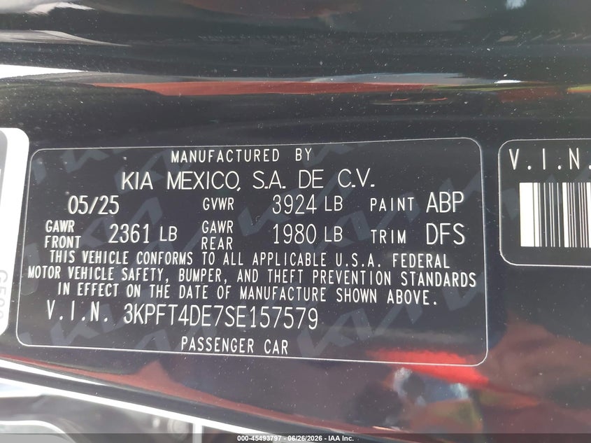 KIA K4 2025 VIN 3KPFT4DE7SE157579