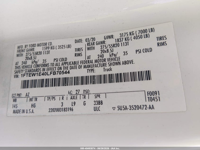 FORD F-150 2020 VIN 1FTEW1E40LFB70544