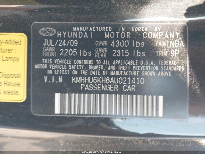 2010 Hyundai Genesis 3.8 Grand Touring VIN: KMHHU6KH8AU021410 Lot: 45493897