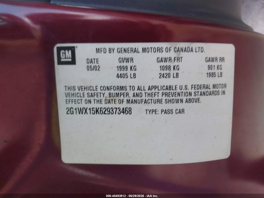2002 Chevrolet Monte Carlo Ss VIN: 2G1WX15K629373468 Lot: 45493912