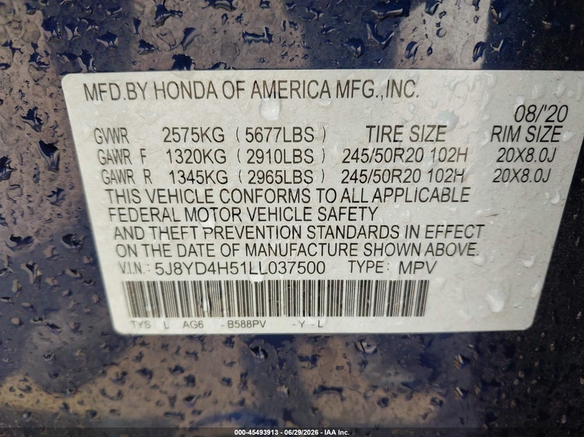 2020 Acura Mdx Technology Package VIN: 5J8YD4H51LL037500 Lot: 45493913