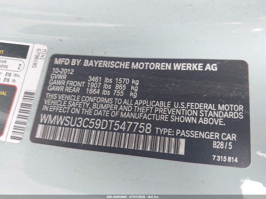 2013 Mini Hardtop Cooper VIN: WMWSU3C59DT547758 Lot: 45493960