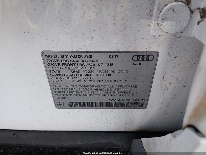 AUDI Q5 2018 VIN WA1ANAFY7J2009173