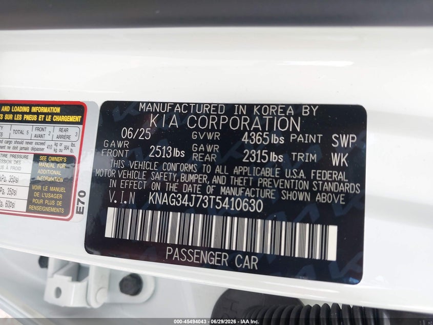 2026 Kia K5 Ex VIN: KNAG34J73T5410630 Lot: 45494043