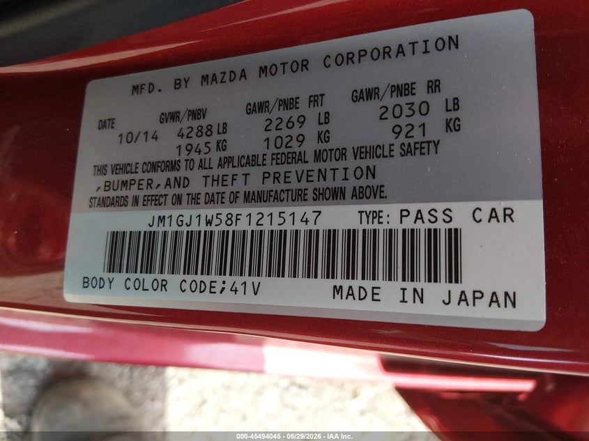2015 Mazda Mazda6 I Grand Touring VIN: JM1GJ1W58F1215147 Lot: 45494045