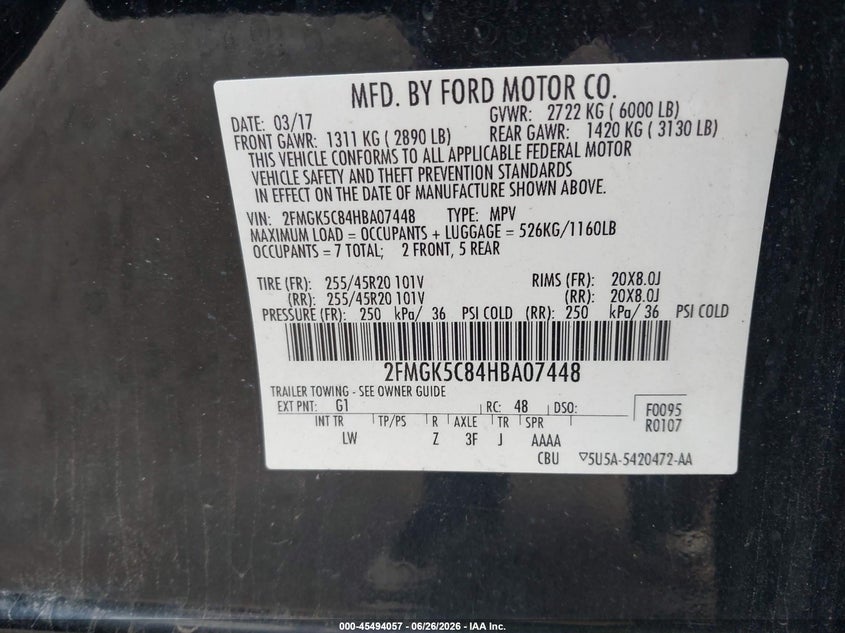 2017 Ford Flex Sel VIN: 2FMGK5C84HBA07448 Lot: 45494057