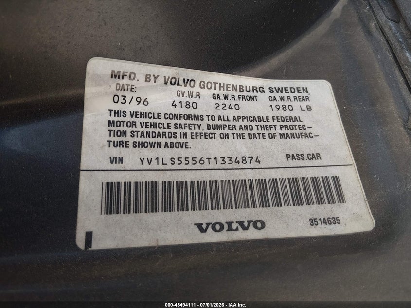 1996 Volvo 850 Glt VIN: YV1LS5556T1334874 Lot: 45494111