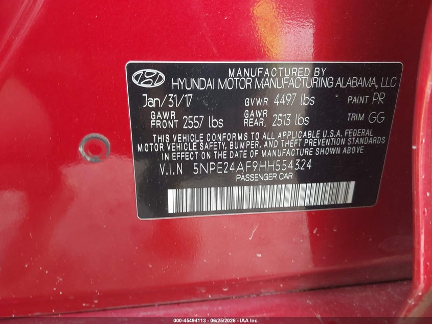 2017 HYUNDAI SONATA SEDAN 2.4L I-4 DI, DOHC, VVT, 185HP