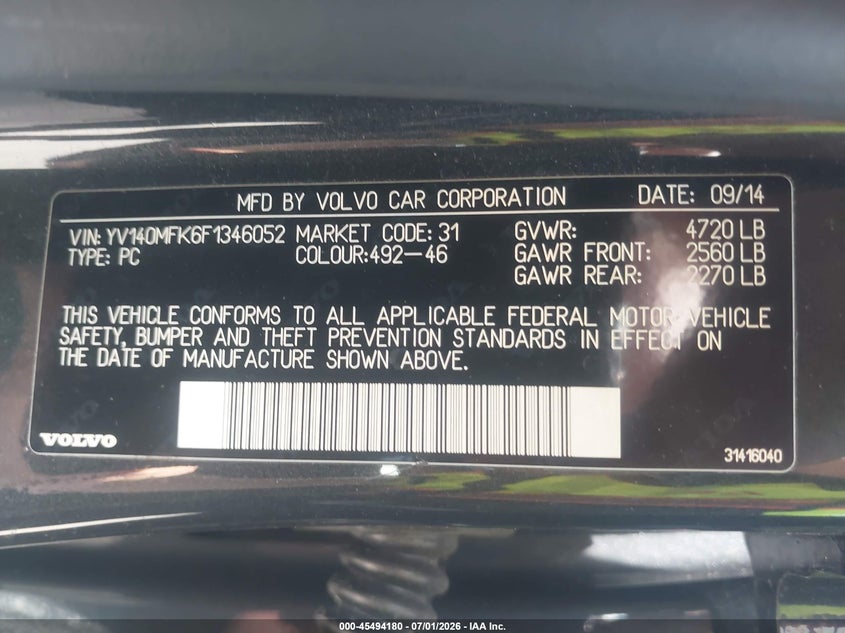 2015 Volvo S60 T5 Premier VIN: YV140MFK6F1346052 Lot: 45494180