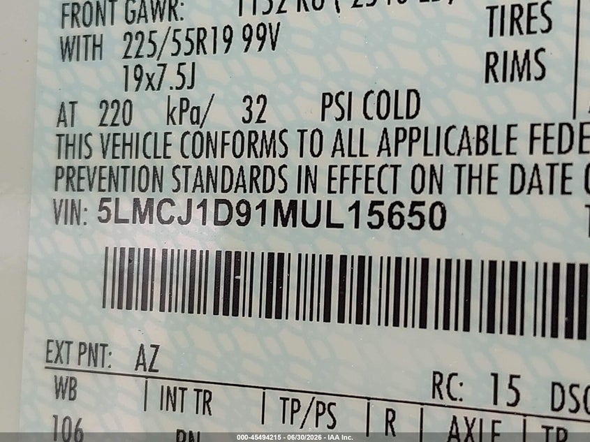 2021 Lincoln Corsair Standard VIN: 5LMCJ1D91MUL15650 Lot: 45494215
