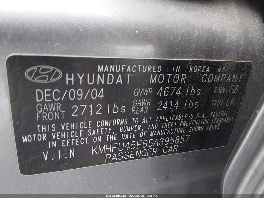 2005 Hyundai Xg350 L VIN: KMHFU45E65A395857 Lot: 45494234