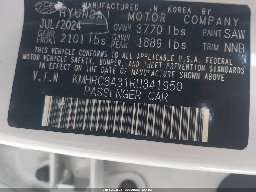 2024 Hyundai Venue Sel VIN: KMHRC8A31RU341950 Lot: 45494332