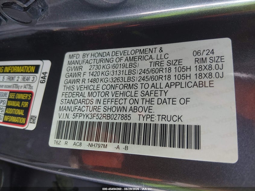 2024 HONDA RIDGELINE TRUCK 3.5L V-6 DI, VVT, 280HP