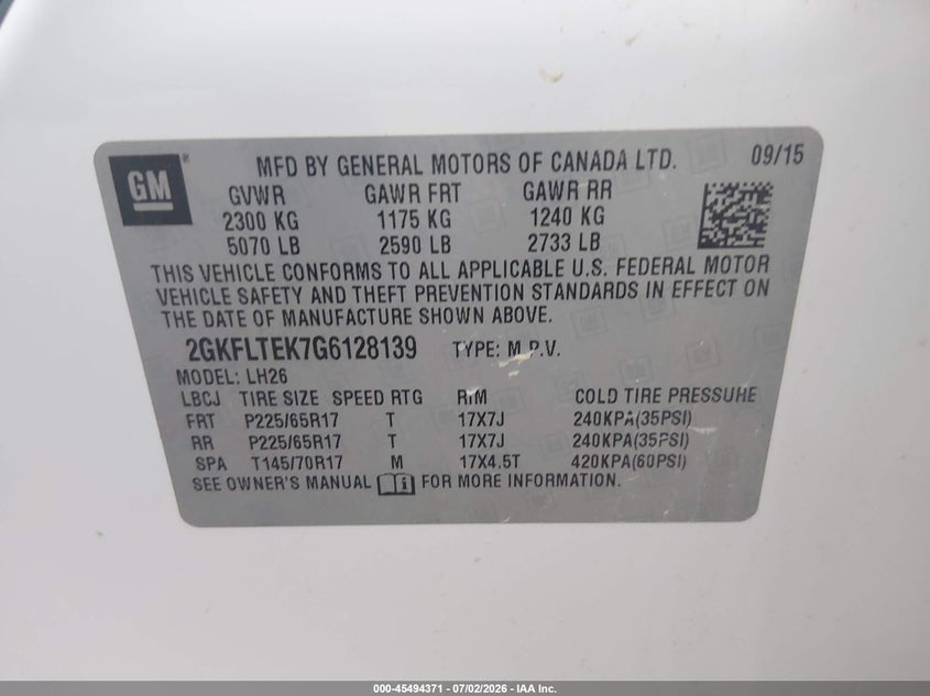 2016 GMC TERRAIN SPORT UTILITY VEHICLE 2.4L I-4 DI, DOHC, VVT, 182HP