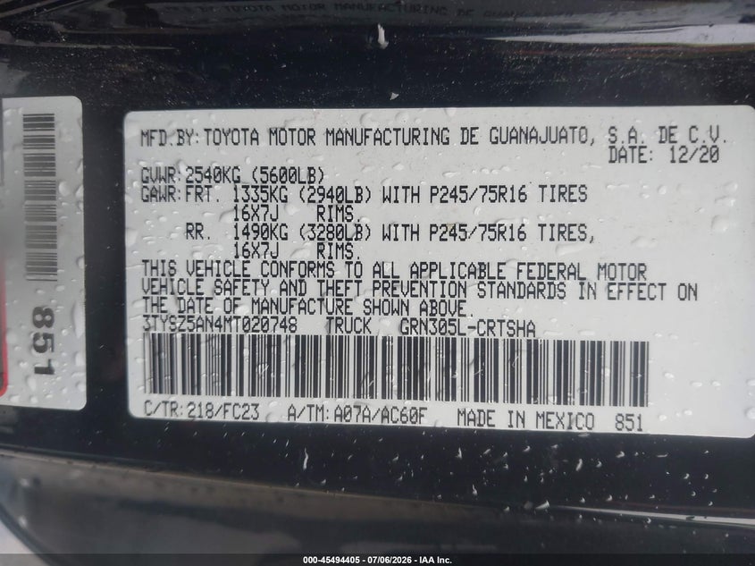 TOYOTA TACOMA 2021 VIN 3TYSZ5AN4MT020748