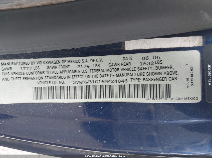 2006 Volkswagen New Beetle 2.5 VIN: 3VWRW31C16M424046 Lot: 45494446