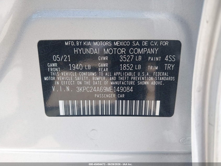 2021 HYUNDAI ACCENT SEDAN 1.6L I-4 DI, DOHC, VVT, 120HP