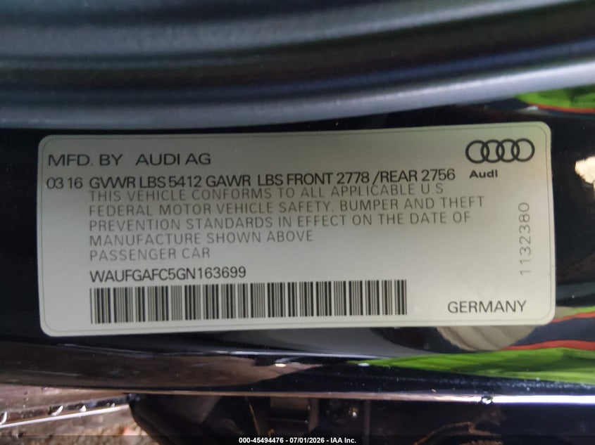 2016 Audi A6 3.0T Premium Plus VIN: WAUFGAFC5GN163699 Lot: 45494476