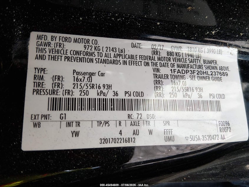 FORD FOCUS 2017 VIN 1FADP3F20HL237689