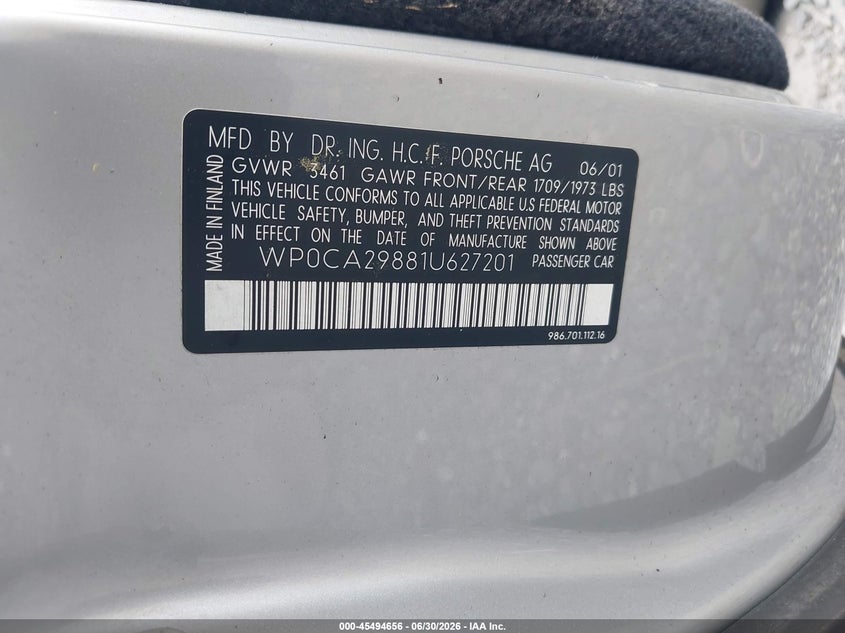 2001 Porsche Boxster VIN: WP0CA29881U627201 Lot: 45494656