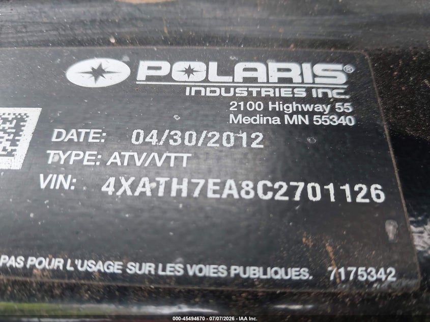 2012 Polaris Ranger 800 Xp Eps VIN: 4XATH7EA8C2701126 Lot: 45494670