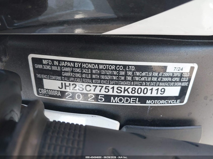 2025 Honda Cbr1000 Ra VIN: JH2SC7751SK800119 Lot: 45494688