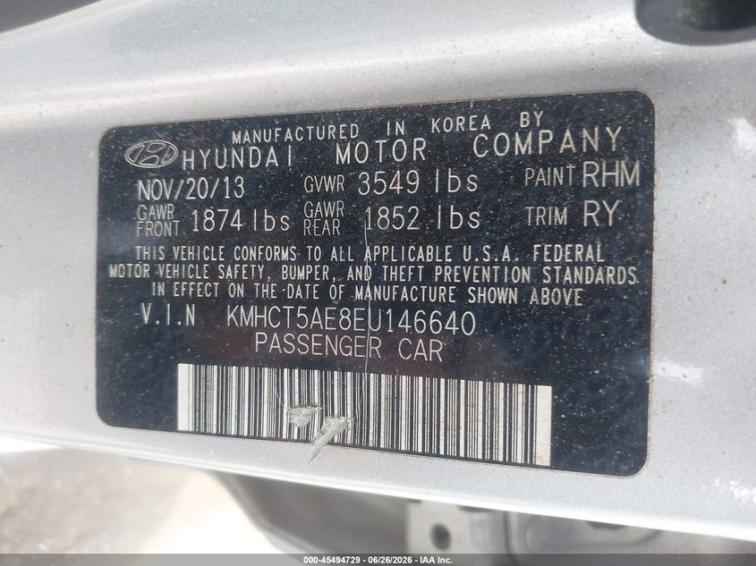 2014 HYUNDAI ACCENT HATCHBACK 1.6L I-4 DI, DOHC, VVT, 138HP