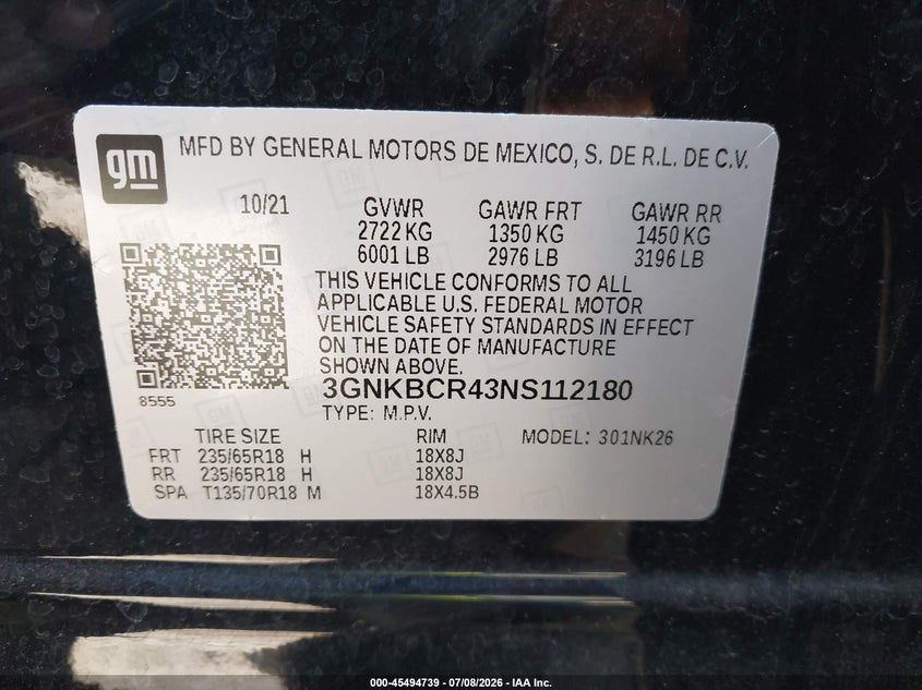 2022 Chevrolet Blazer Fwd 2Lt VIN: 3GNKBCR43NS112180 Lot: 45494739