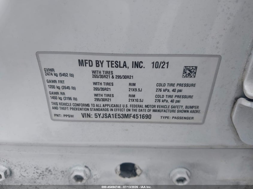 2021 Tesla Model S Long Range Dual Motor All-Wheel Drive VIN: 5YJSA1E53MF451690 Lot: 45494746