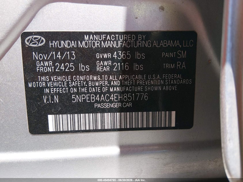 2014 HYUNDAI SONATA SEDAN 2.4L I-4 DI, DOHC, VVT, 190HP