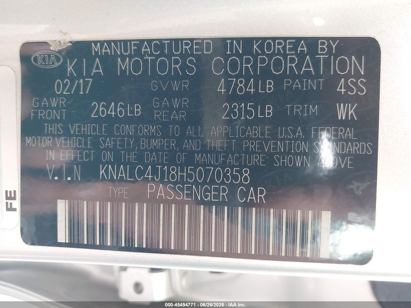2017 Kia Cadenza Limited VIN: KNALC4J18H5070358 Lot: 45494771