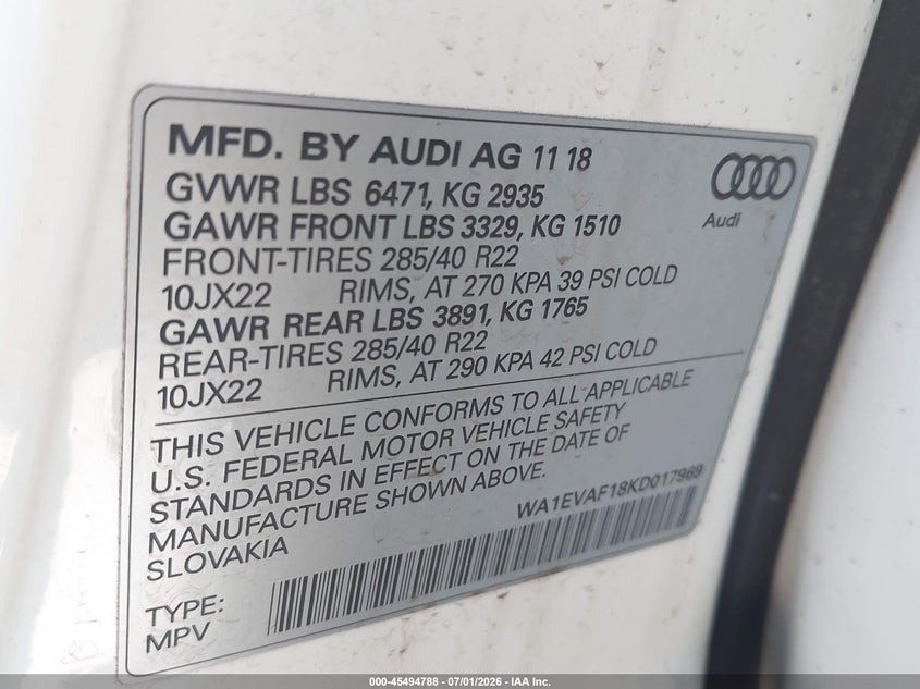 2019 Audi Q8 55 Premium VIN: WA1EVAF18KD017969 Lot: 45494788