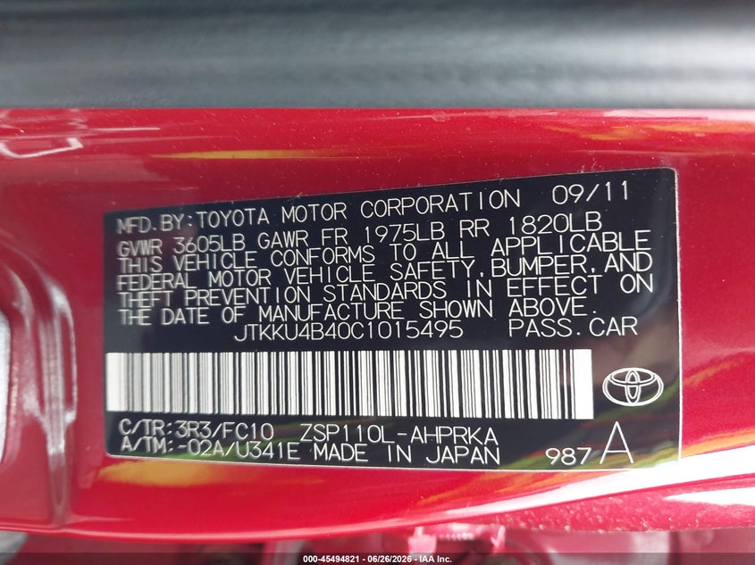 2012 Scion Xd VIN: JTKKU4B40C1015495 Lot: 45494821