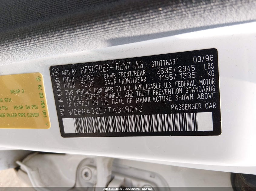 1996 Mercedes-Benz S 320W VIN: WDBGA32E7TA319043 Lot: 45494866