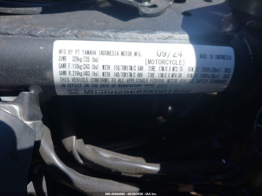 2025 Yamaha Yzfr3 VIN: M83RH25E625001808 Lot: 45494868