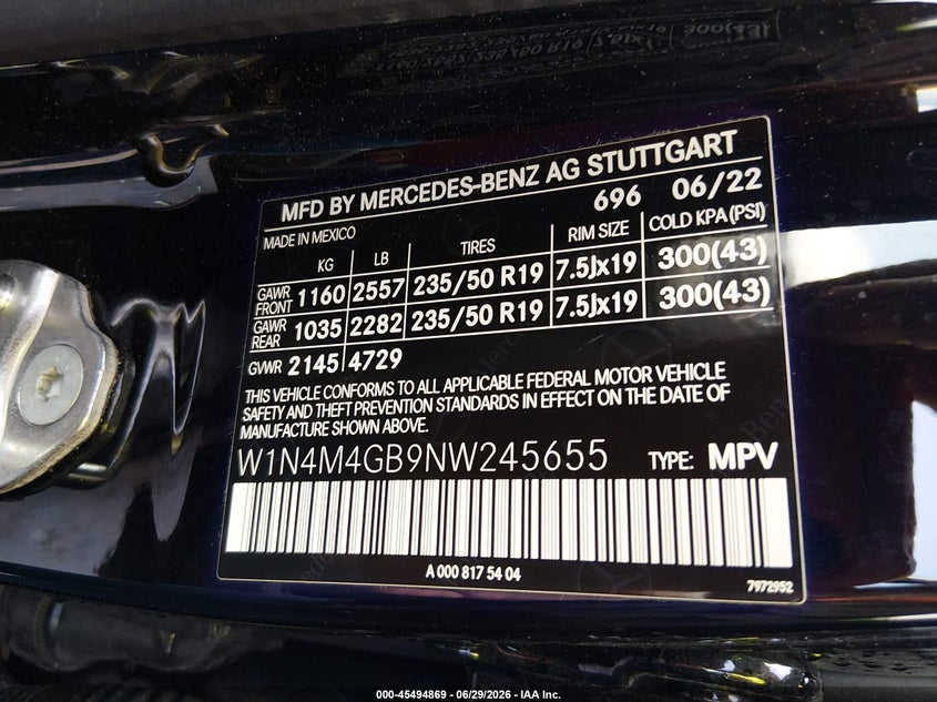 2022 Mercedes-Benz Glb 250 VIN: W1N4M4GB9NW245655 Lot: 45494869
