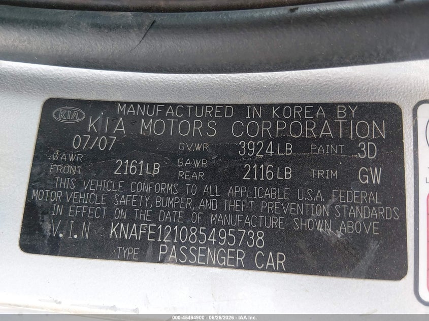 2008 KIA SPECTRA SEDAN 2.0L I-4 DOHC, VVT, 138HP