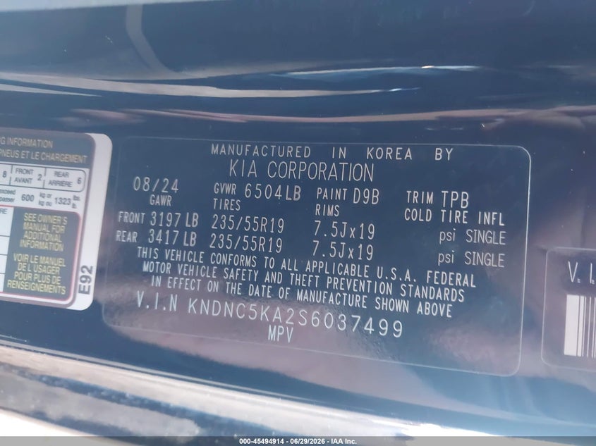 2025 Kia Carnival Mpv Hybrid Ex VIN: KNDNC5KA2S6037499 Lot: 45494914