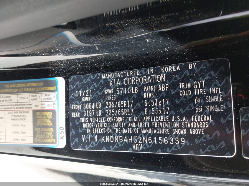 2022 Kia Carnival Mpv Lx Seat Package VIN: KNDNB4H32N6156339 Lot: 45494951