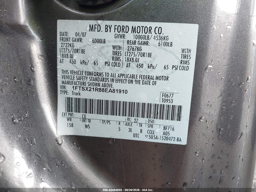 2008 Ford Super Duty F-250 Srw Fx4/Lariat/Xl/Xlt VIN: 1FTSX21R88EA81910 Lot: 45494958