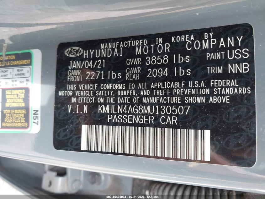 2021 Hyundai Elantra Sel VIN: KMHLN4AG8MU130507 Lot: 45495034