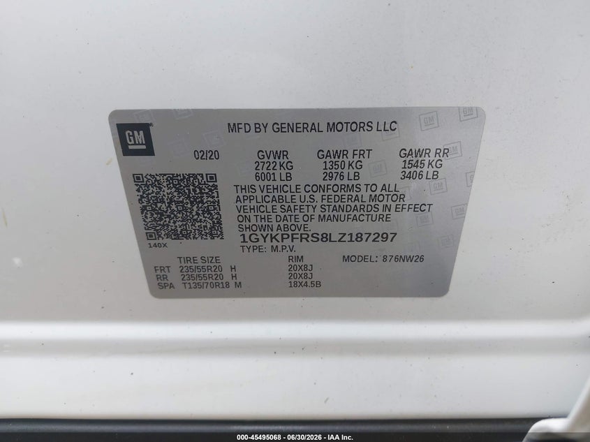 2020 Cadillac Xt6 Awd Premium Luxury VIN: 1GYKPFRS8LZ187297 Lot: 45495068