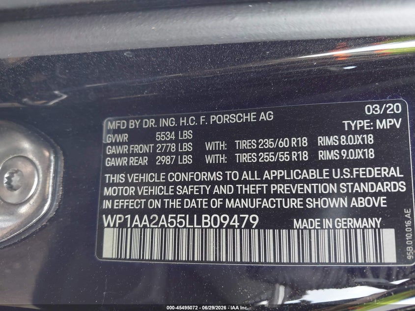 2020 Porsche Macan VIN: WP1AA2A55LLB09479 Lot: 45495072
