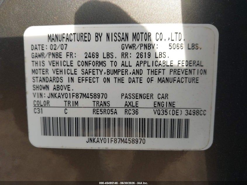 2007 Infiniti M35X VIN: JNKAY01F87M458970 Lot: 45495146