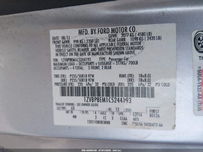 FORD MUSTANG 2012 VIN 1ZVBP8EM1C5244193